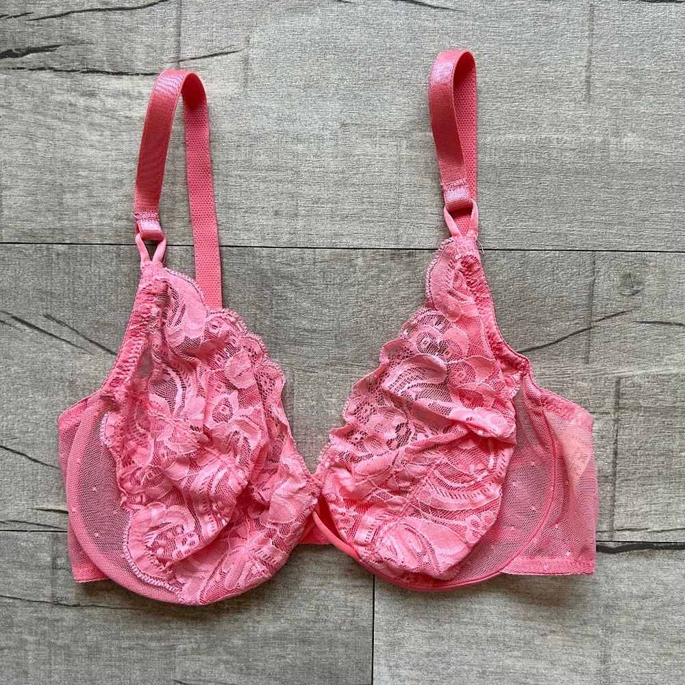 Vintage Victoria's Secret Gold Label Coral Pink Underwire Lace Unlined Bra 32D